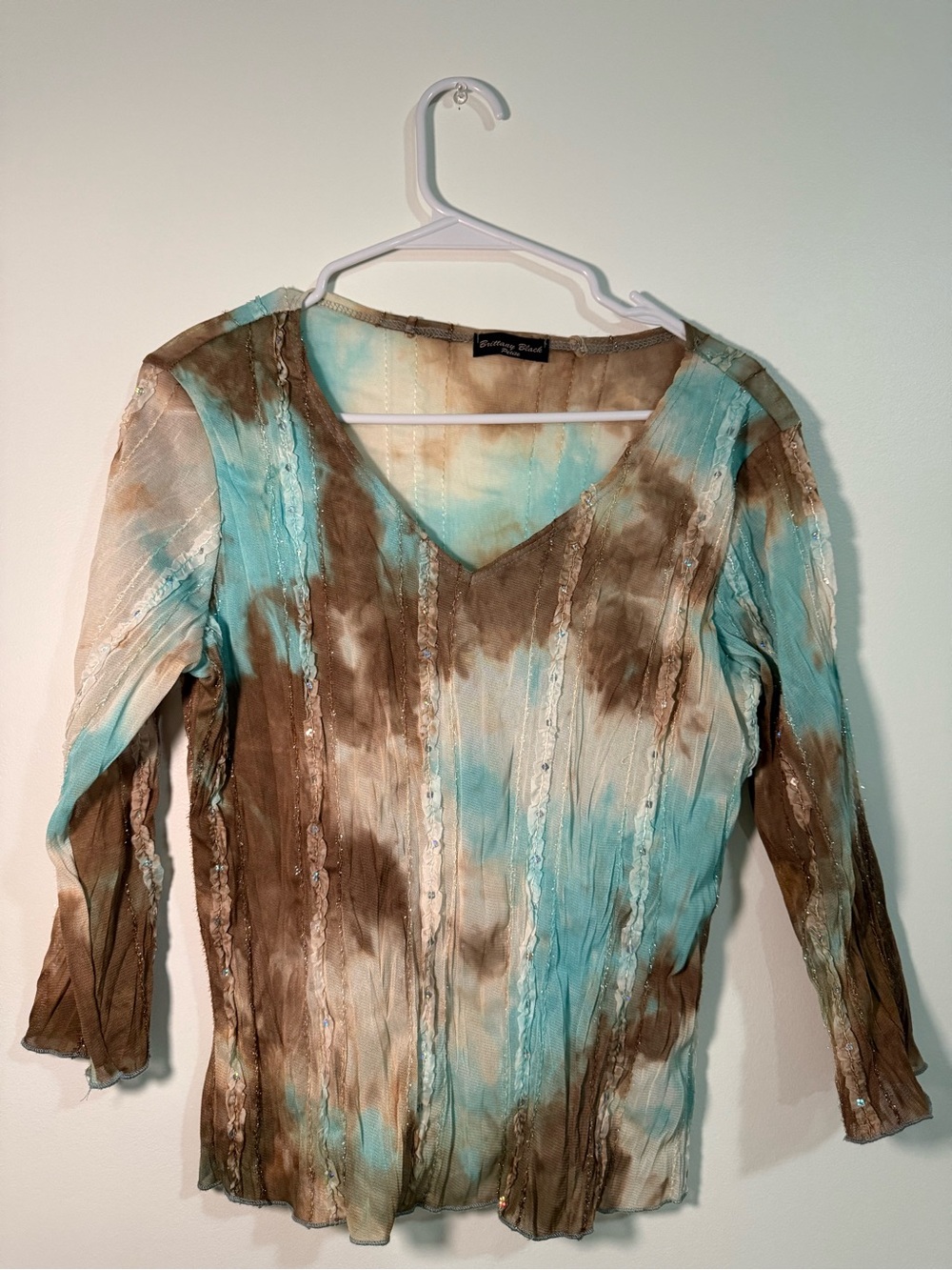 Vintage Teal and Brown Tie-Dye V-Neck Long Sleeve Top